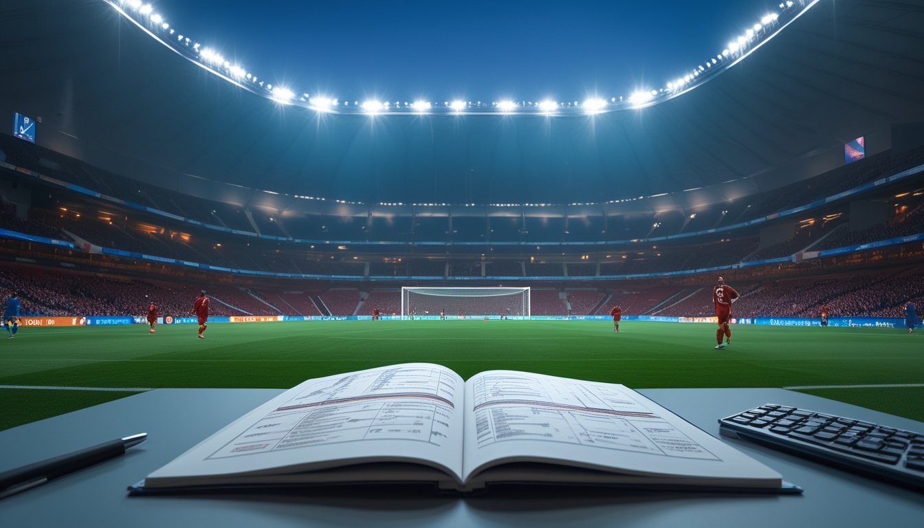 Pertandingan sepak bola di stadion dengan analis yang mengamati strategi jumlah gol.
