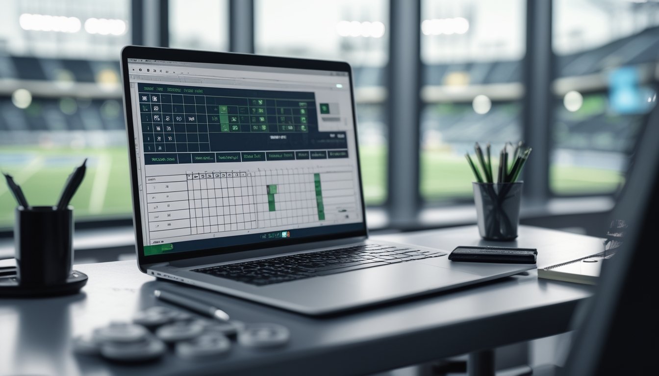Meja analisis dengan laptop, kalkulator, catatan, dan elemen olahraga yang menggambarkan perhitungan odds taruhan kombinasi.