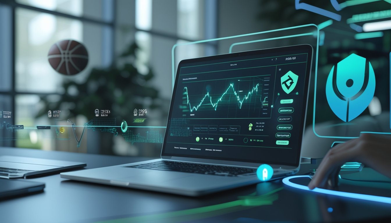 Seseorang menggunakan laptop dan ponsel untuk mengakses platform olahraga digital dengan simbol pembayaran cepat dan aman.