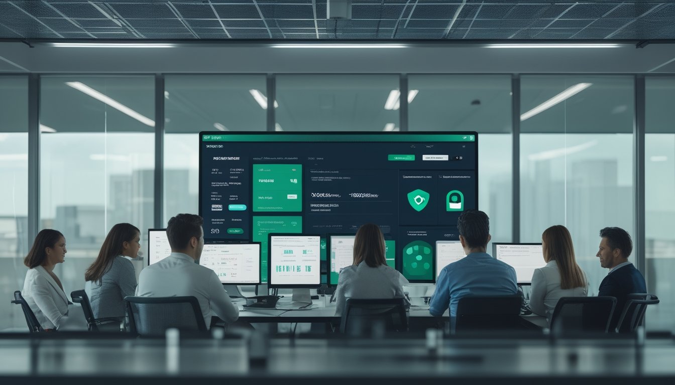 Sekelompok profesional memeriksa platform taruhan olahraga digital yang aman di kantor modern.
