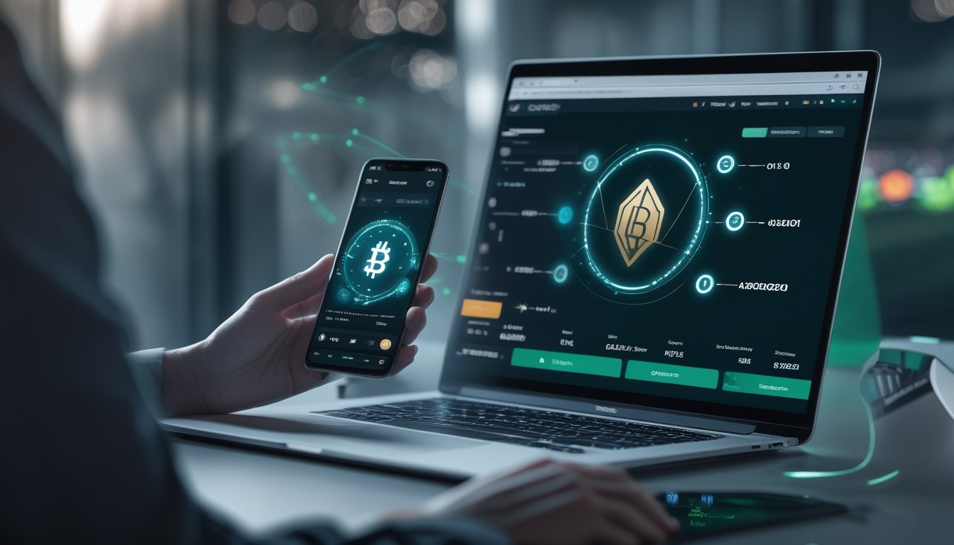 Pengguna melihat transaksi kripto untuk taruhan olahraga melalui laptop dan ponsel.