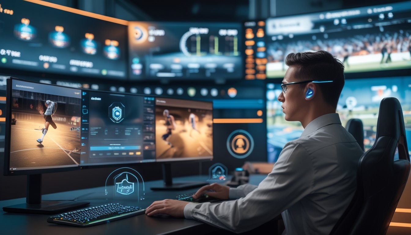 Seorang pemain eSports dewasa berada di ruang modern dengan monitor, visual olahraga, dan elemen keamanan digital.