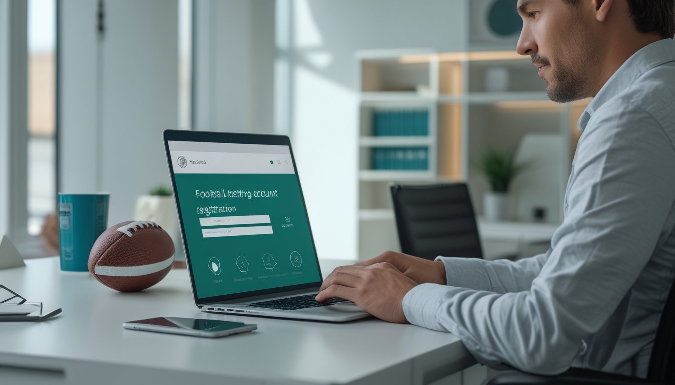 Seseorang mendaftarkan akun olahraga secara daring dengan laptop di meja kerja yang aman dan modern.
