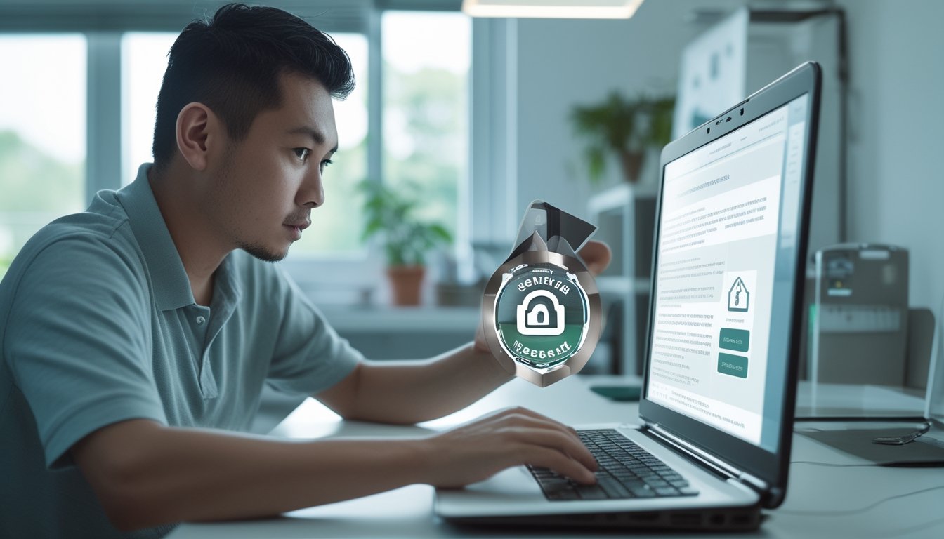 Orang dewasa memeriksa platform olahraga resmi di laptop dengan simbol keamanan di sampingnya.