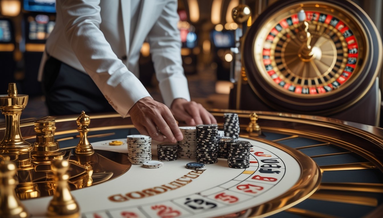 Pemain mempelajari roda roulette emas sambil menata keping taruhan di meja kasino.