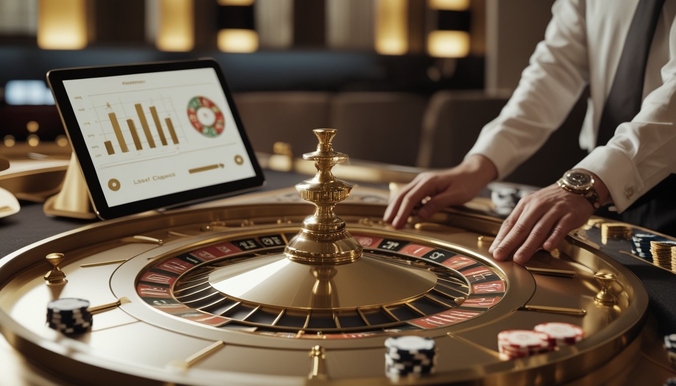 Meja roulette dengan roda berwarna emas, keping taruhan yang tertata, dan tablet berisi grafik abstrak di kasino modern.