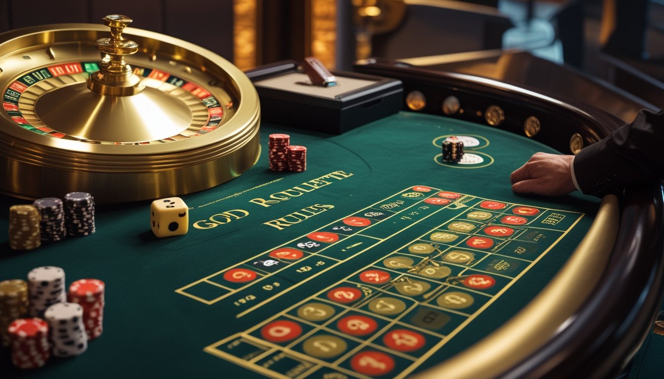 Seorang pemula mempelajari meja roulette dengan roda berwarna emas dan keping taruhan di kasino.