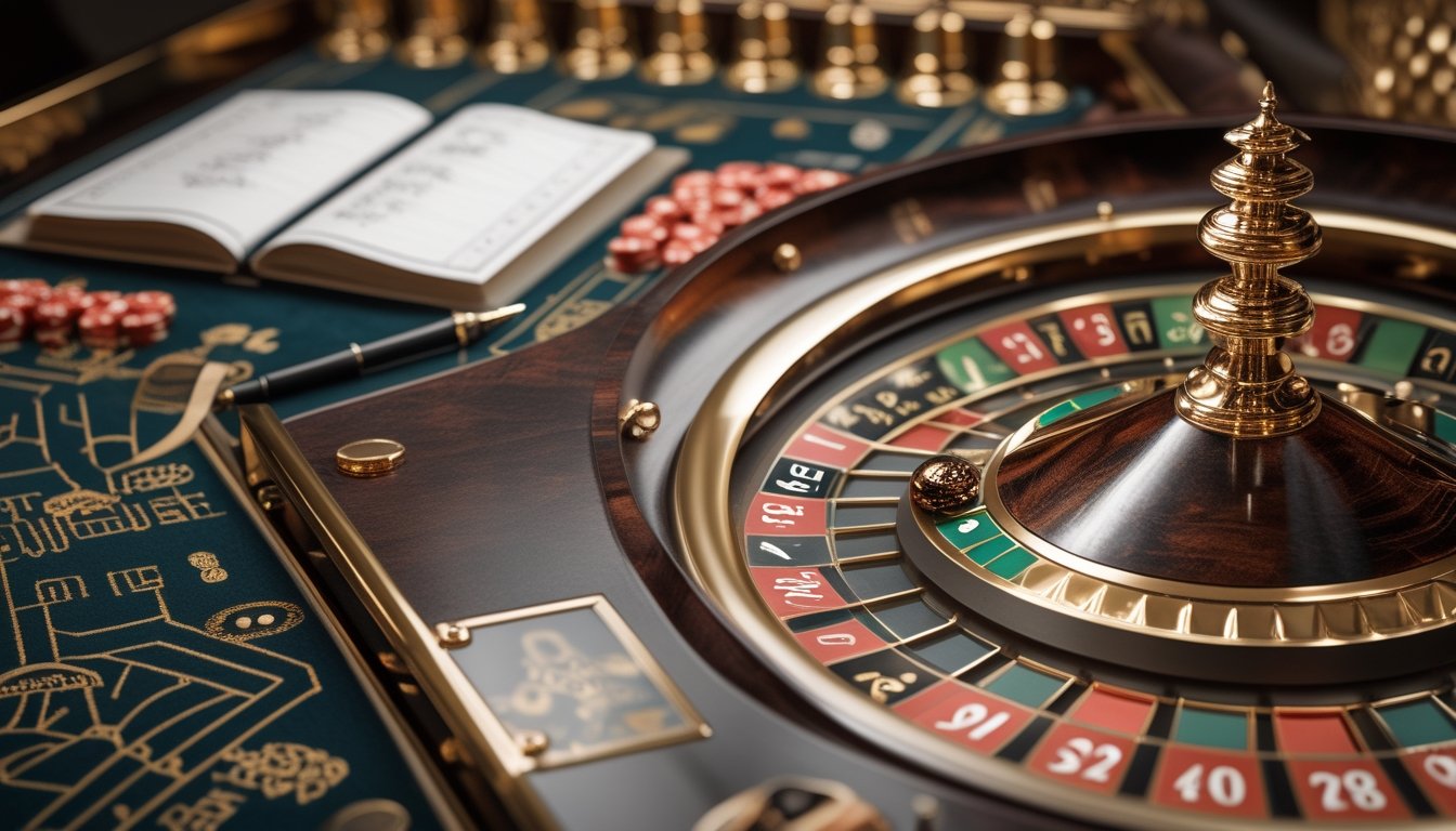 Roda roulette bernuansa emas, keping taruhan, dan buku catatan terbuka di atas meja kasino.