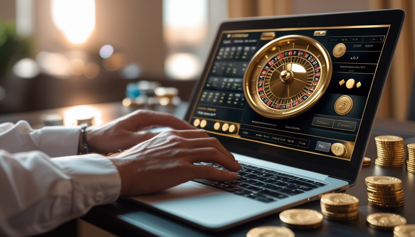 Seseorang menggunakan laptop untuk bermain roulette online dengan roda roulette bernuansa emas dan keping taruhan di meja.