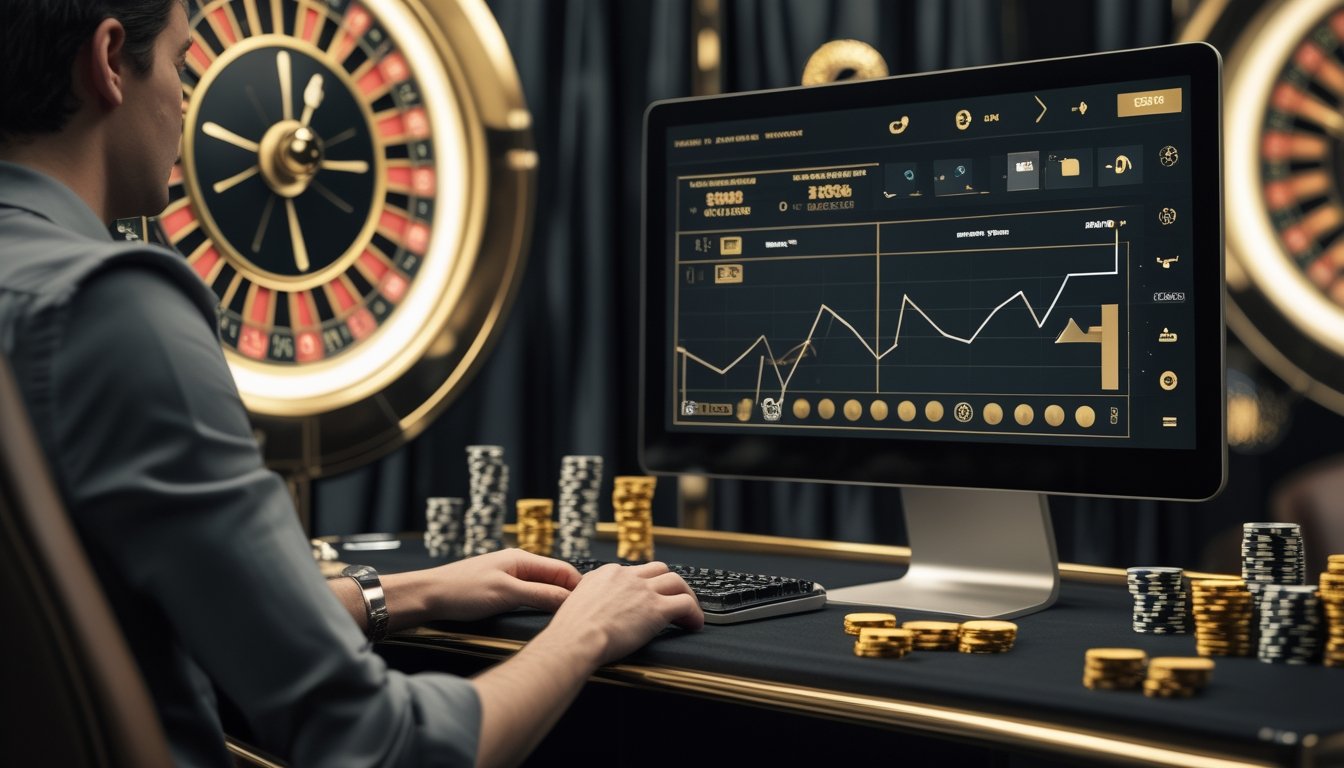 Pemain menganalisis roda roulette emas dan grafik peluang di meja kerja.