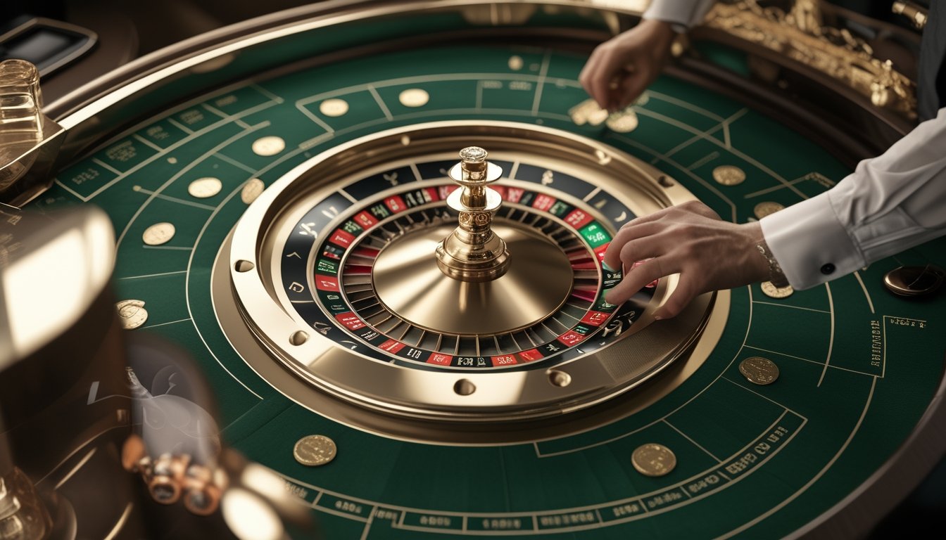 Roda roulette bernuansa emas di atas meja kasino dengan grafik analisis dan keping taruhan.