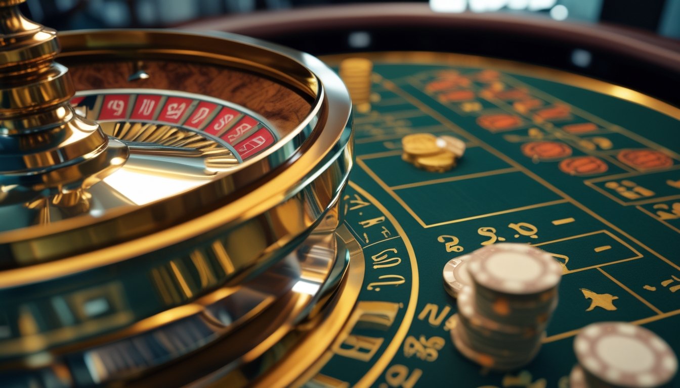 Roda roulette berwarna emas dengan bola putih, keping kasino, dan tata letak taruhan di atas meja hijau.