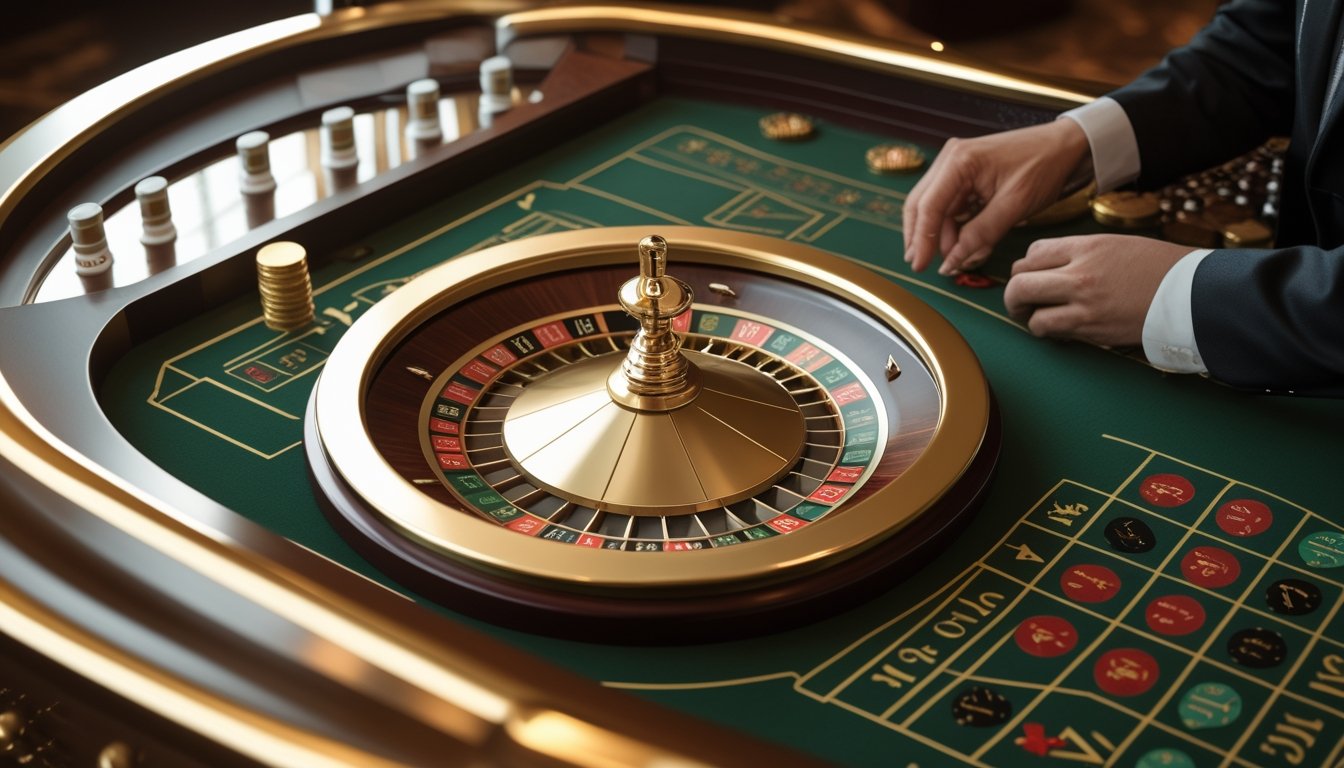 Meja roulette bernuansa emas dengan roda roulette, tumpukan chip, dan tangan dealer di kasino.