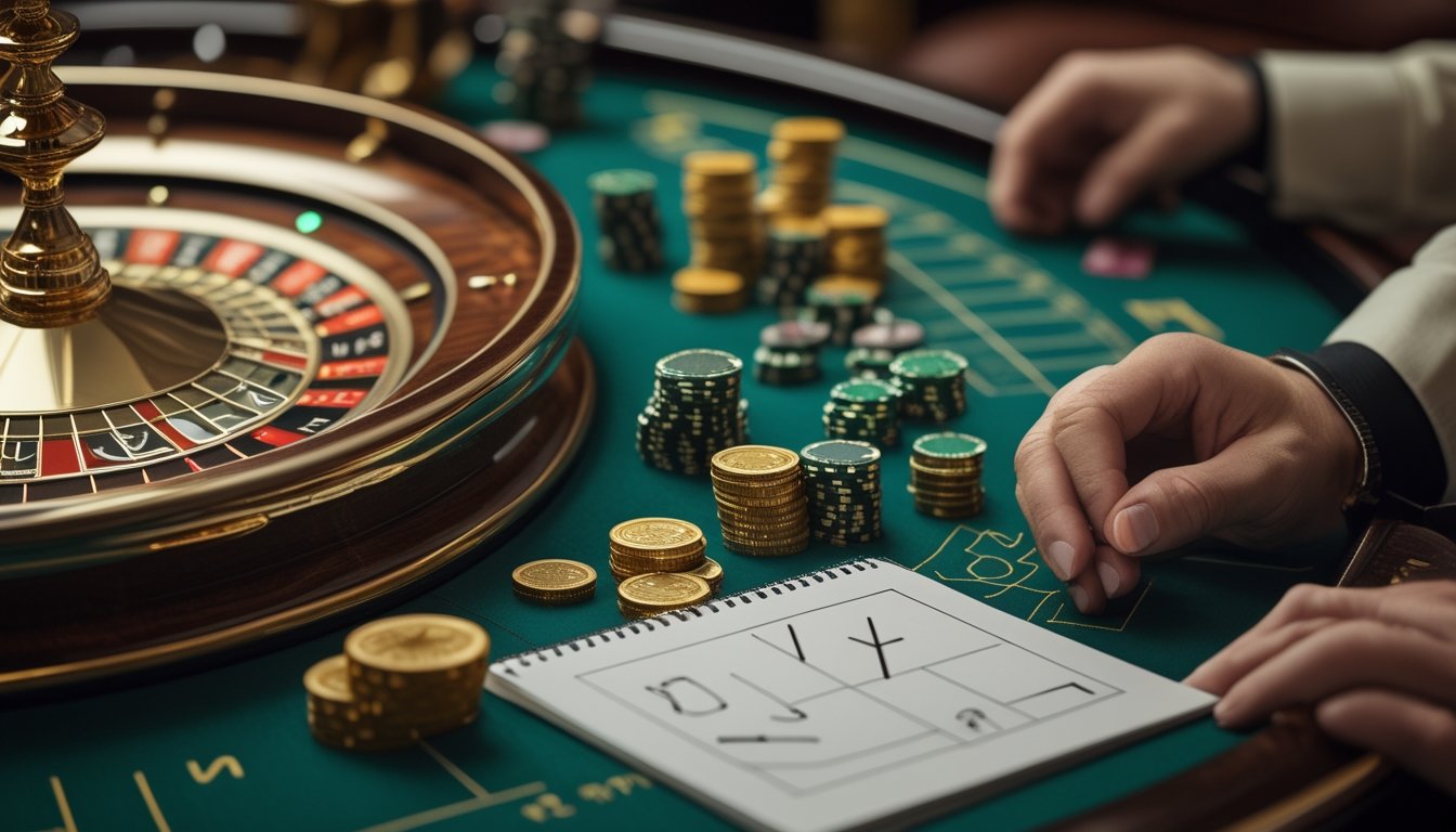 Tangan pemain menata keping taruhan di samping roda roulette beraksen emas dalam suasana kasino yang elegan.