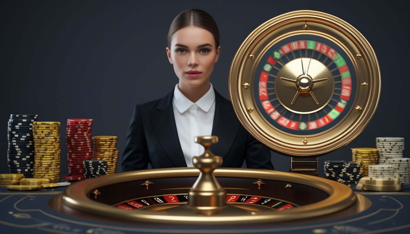 Dealer memandu permainan roulette emas secara langsung di meja kasino dengan roda roulette dan keping taruhan.