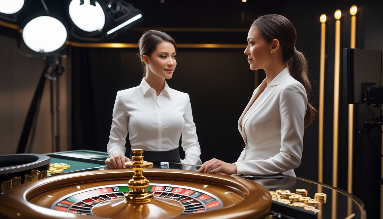 Dealer kasino dewasa berdiri di samping meja roulette emas dalam studio siaran modern.