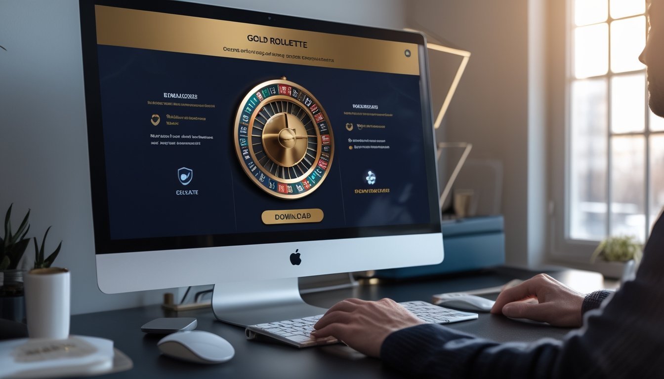 Seseorang memilih platform kasino daring yang aman melalui komputer dengan tampilan roda roulette emas dan simbol keamanan.