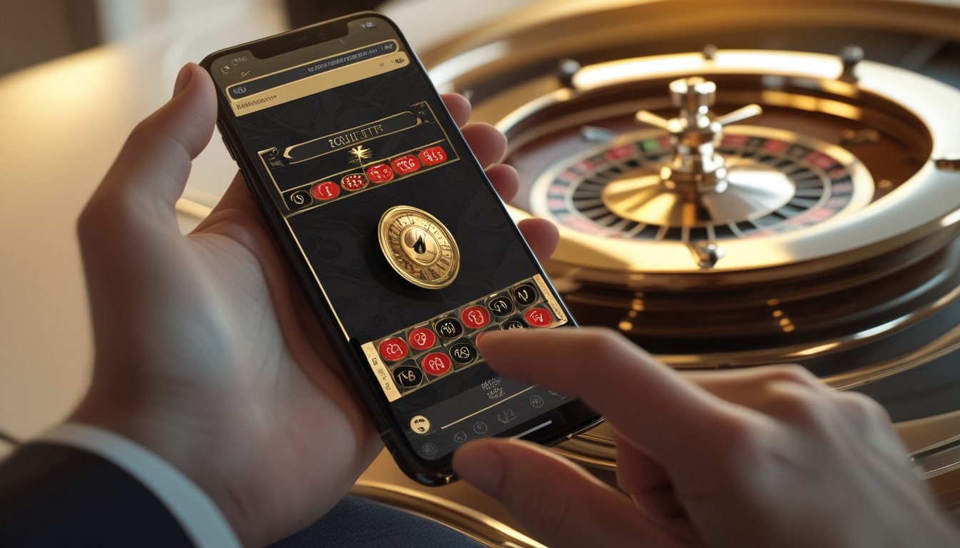 Seseorang memegang ponsel yang menampilkan permainan roulette bernuansa emas, dengan roda roulette terlihat samar di latar belakang.