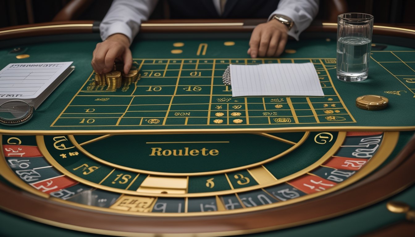 Seorang pemain mengatur tumpukan chip secara terpisah di meja roulette bernuansa emas.