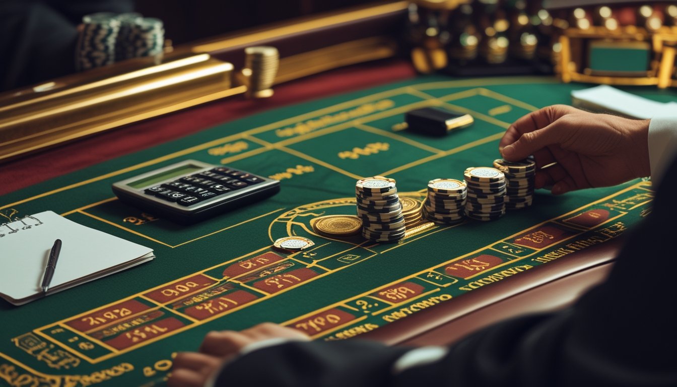 Tangan pemain menata kelompok chip di meja roulette emas di samping kalkulator dan buku catatan kosong.