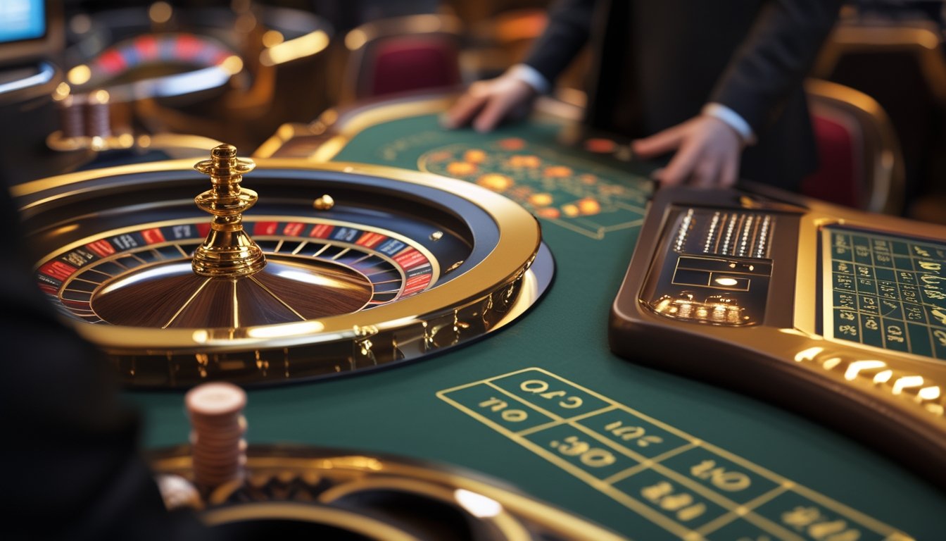 Meja roulette bernuansa emas dengan roda roulette, keping taruhan, dan konsol digital di kasino elegan.