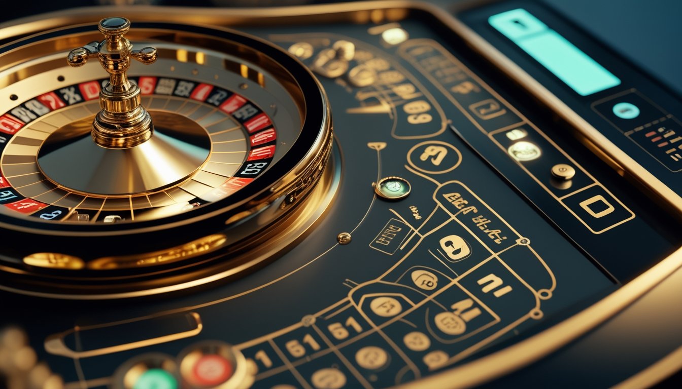 Meja Gold Roulette digital dengan roda roulette emas dan panel kontrol modern di lingkungan kasino.