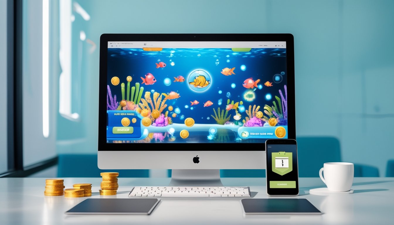 Monitor dan ponsel menampilkan permainan menembak ikan 2D bertema bawah laut dengan koin bonus dan ikon keamanan.