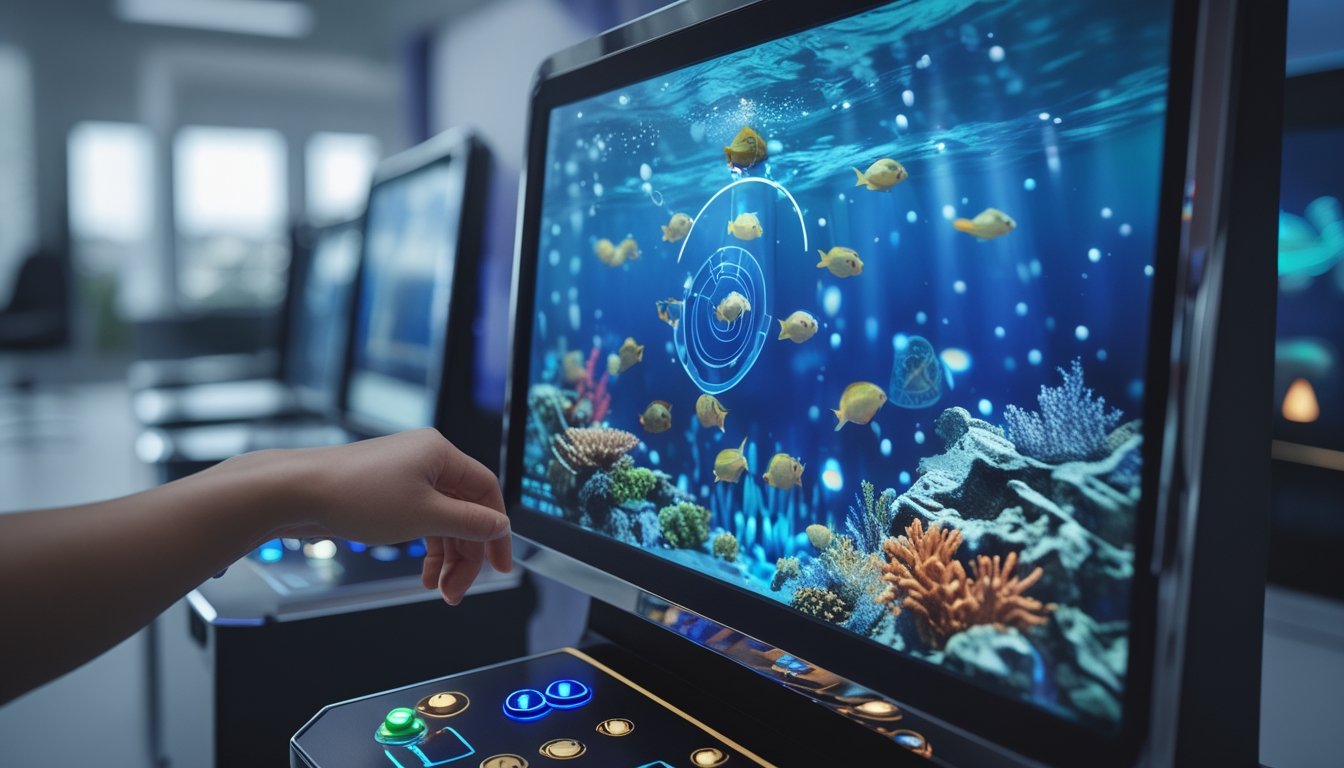 Layar permainan tembak ikan 2D dengan suasana bawah laut dan kendali permainan di depannya.