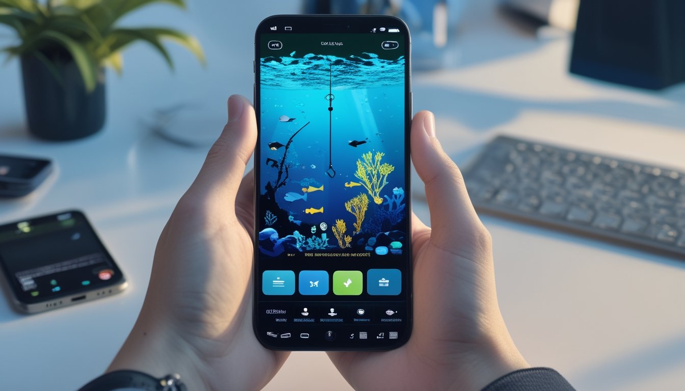 Seseorang menggunakan ponsel yang menampilkan permainan memancing 2D di samping perangkat pembayaran digital.