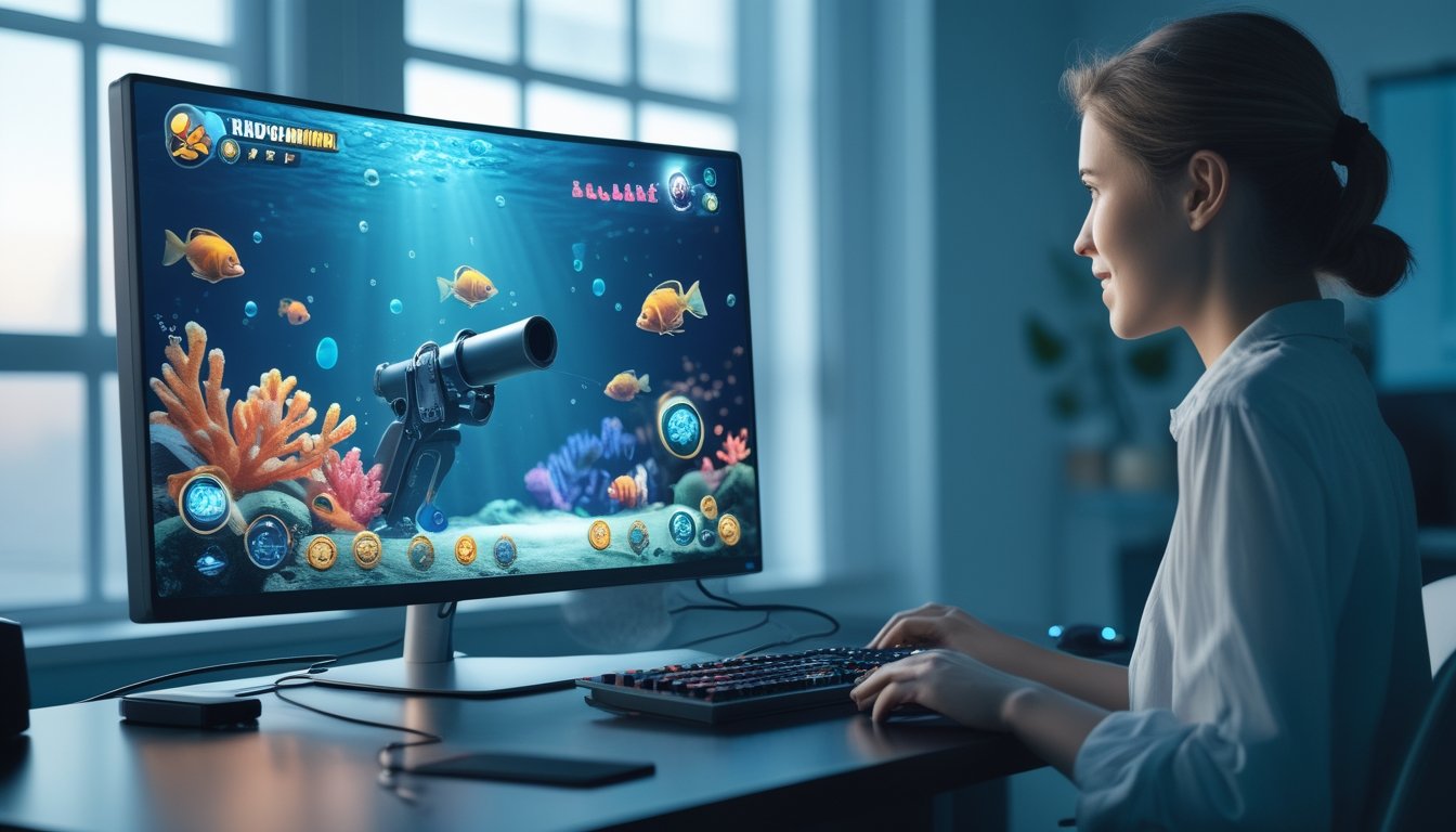 Layar komputer menampilkan permainan menembak ikan 2D dengan suasana bawah laut yang penuh warna.