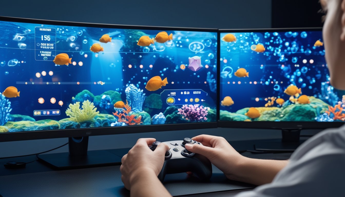 Pemain mengatur peluru sambil memainkan permainan tembak ikan 2D di depan monitor.