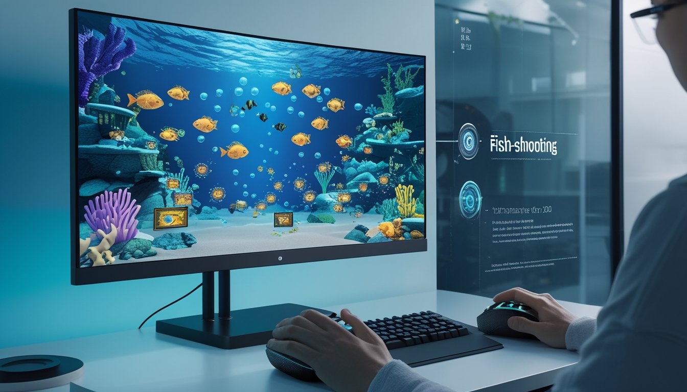 Tangan pemain mengendalikan permainan menembak ikan 2D dengan tampilan bawah laut berwarna-warni di monitor.