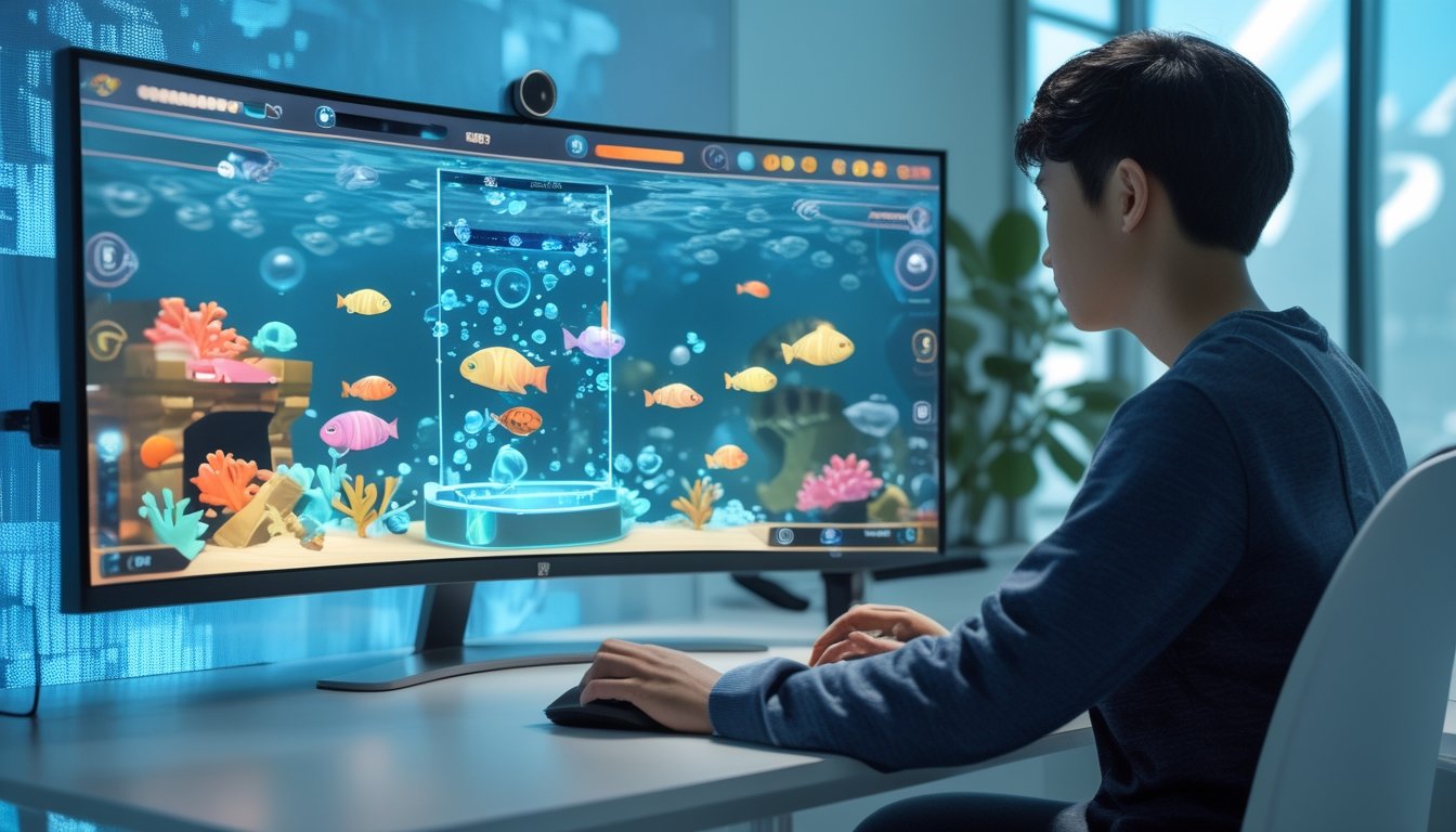 Seseorang memainkan permainan menembak ikan 2D bertema bawah laut di perangkat digital.
