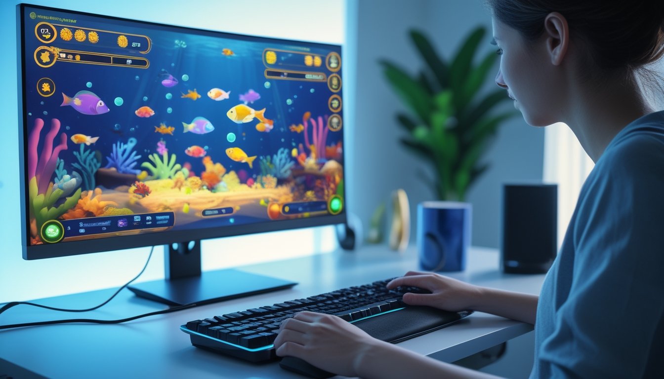Seseorang memainkan permainan arcade bawah laut 2D di komputer dengan tampilan ikan warna-warni.