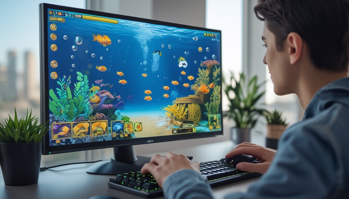 Seseorang memainkan permainan tembak ikan 2D di komputer dengan tampilan dunia bawah laut yang penuh ikan dan terumbu karang.