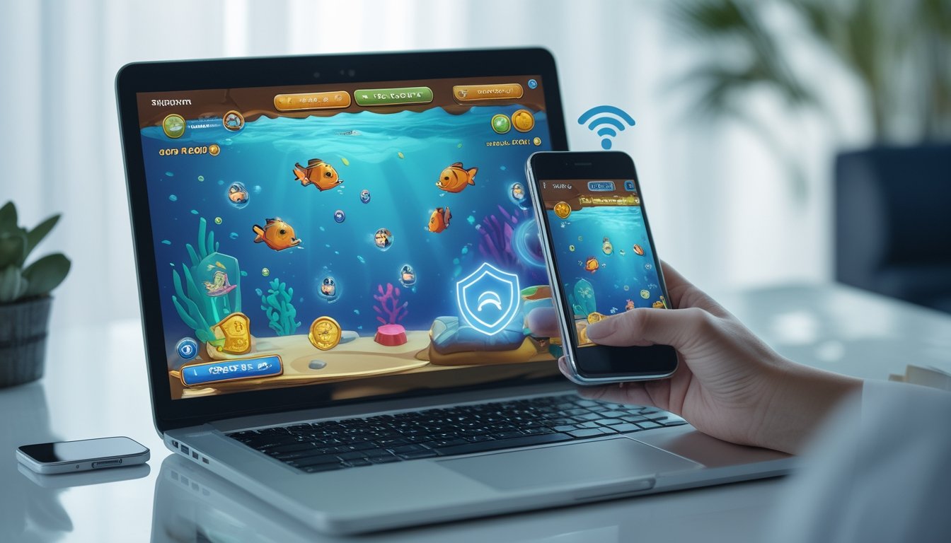Laptop dan ponsel menampilkan permainan menembak ikan 2D bertema bawah laut di meja modern.
