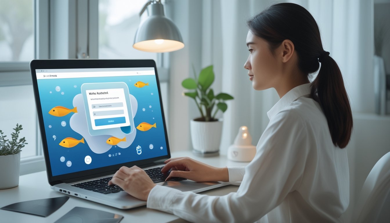 Seseorang menggunakan laptop untuk mengakses situs hiburan dengan simbol keamanan digital di ruang kerja modern.