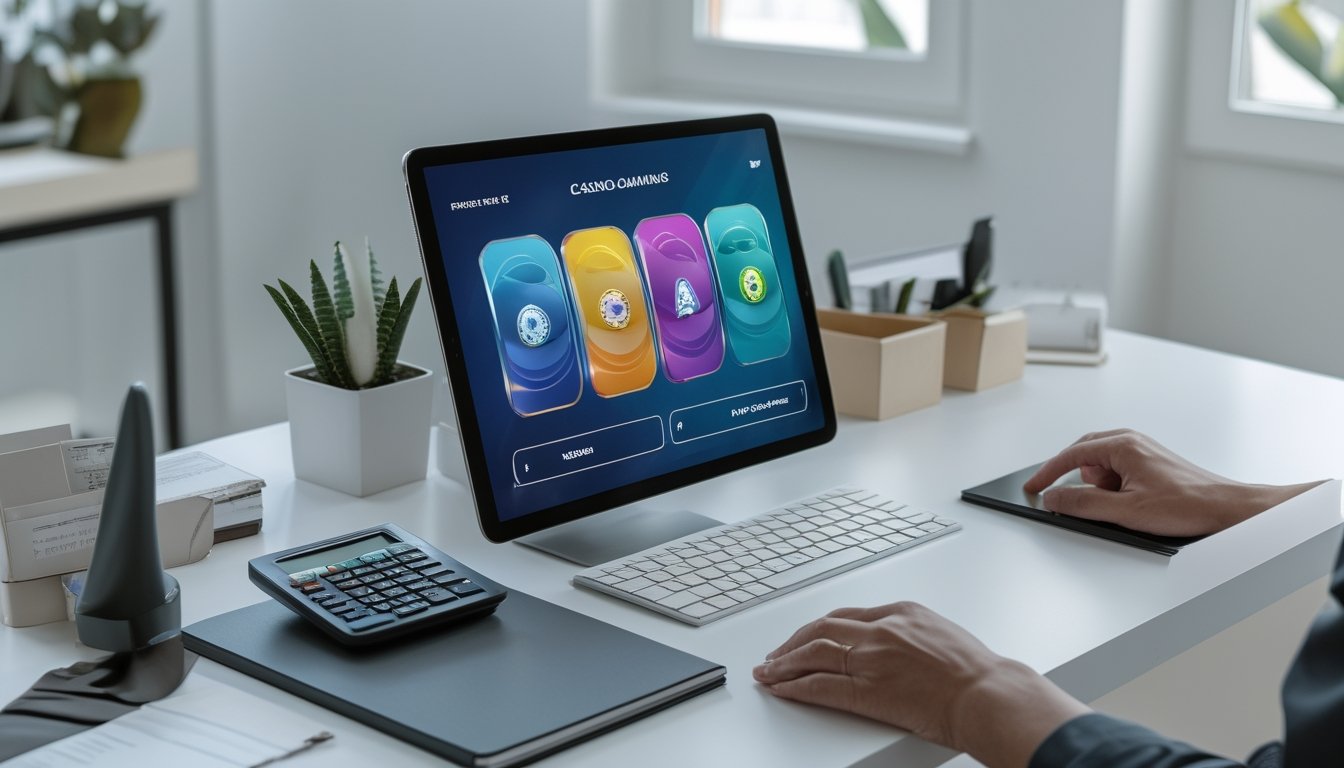 Seseorang mempelajari tampilan permainan digital di meja kerja dengan catatan, kalkulator, dan ponsel.
