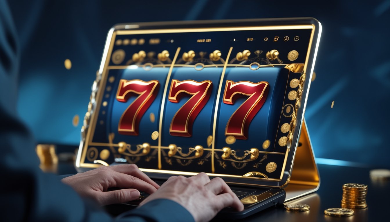 Perangkat digital menampilkan permainan slot bertema angka tujuh dengan pencahayaan kasino yang elegan.