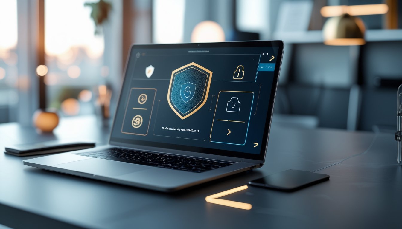 Laptop dan ponsel menampilkan antarmuka permainan digital dengan simbol keamanan di meja modern.