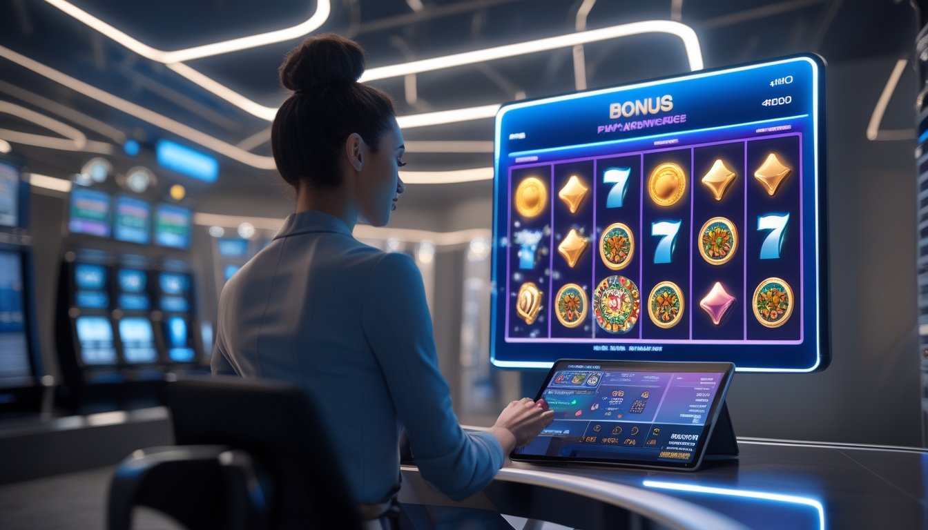 Orang dewasa memainkan permainan slot digital dengan efek koin emas dan cahaya warna-warni di layar.