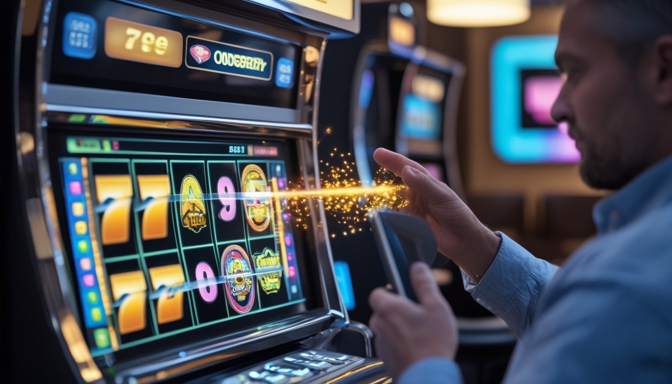 Pemain menggunakan perangkat digital di samping mesin slot dengan simbol kemenangan dan efek bonus bercahaya.