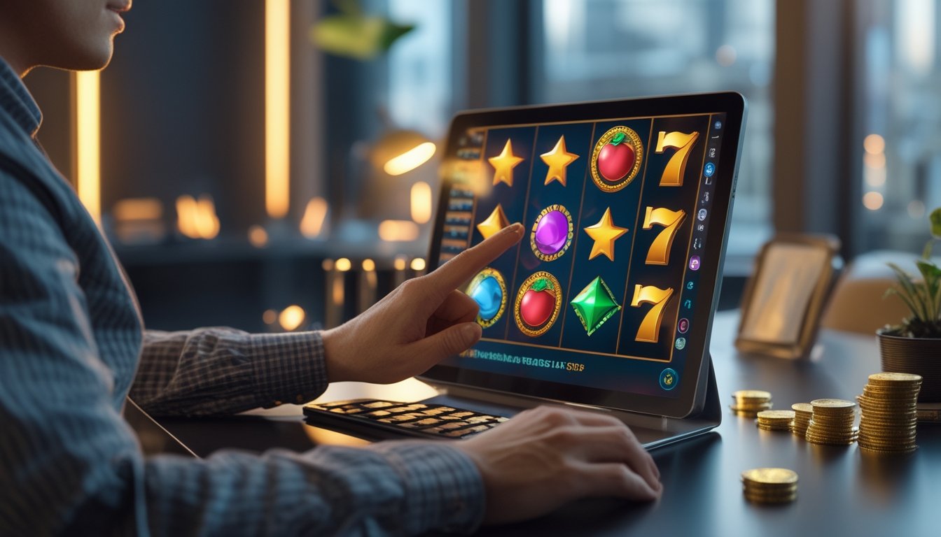 Seseorang mempelajari permainan slot digital di tablet dengan catatan anggaran dan koin di atas meja.