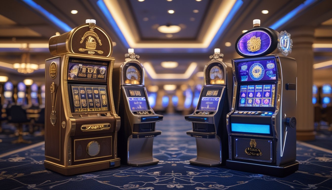 Dua mesin slot berdampingan, satu bergaya klasik dan satu bergaya modern, di dalam kasino.