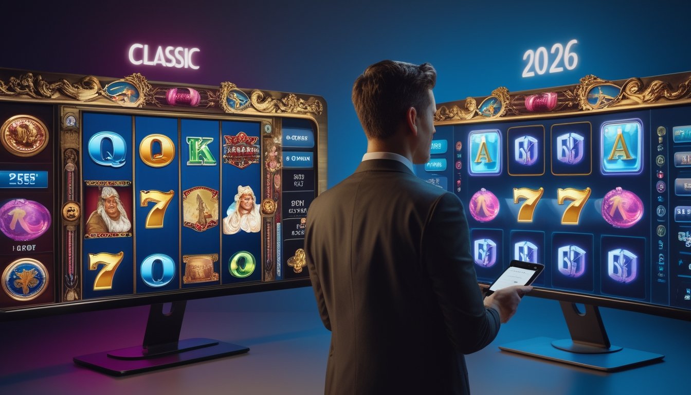 Seorang analis membandingkan dua tampilan permainan digital dengan desain klasik dan modern di dalam studio.