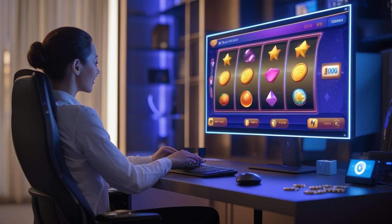 Seseorang memainkan permainan bergaya mesin slot di depan komputer dalam ruangan modern dengan pencahayaan warna-warni.