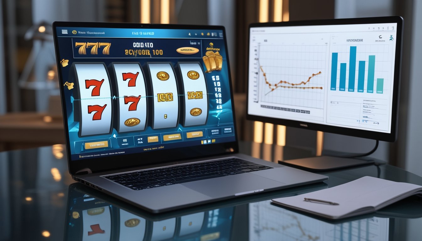 Meja kerja modern dengan layar permainan bergaya mesin slot dan grafik analisis peluang.
