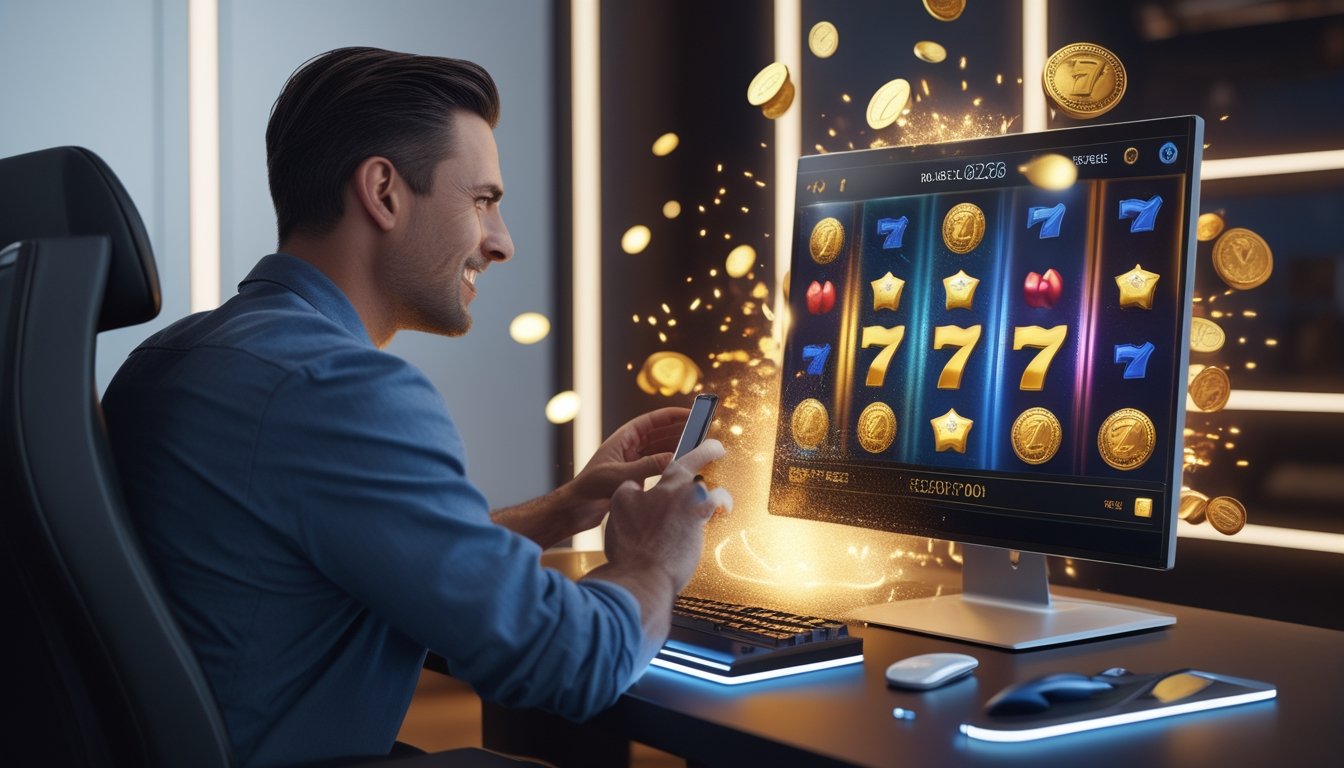 Seorang pemain menikmati permainan slot dengan suasana jackpot yang meriah di ruang gaming modern.