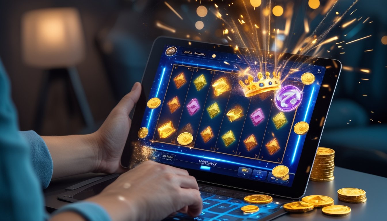 Tangan pemain berinteraksi dengan tablet yang menampilkan permainan slot bercahaya dengan efek jackpot berupa koin emas dan percikan cahaya.