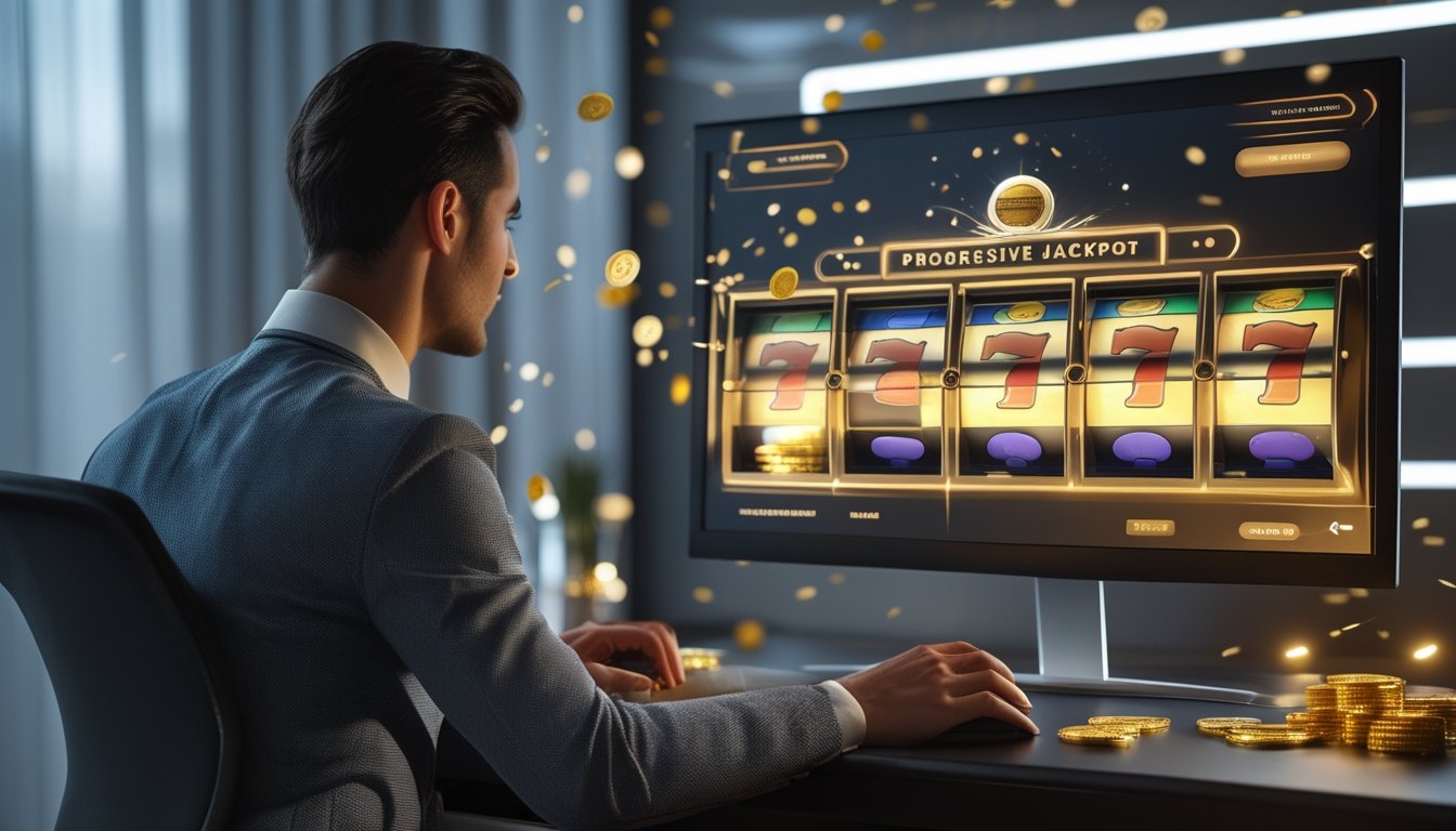 Seseorang memainkan permainan mesin slot digital di depan monitor dengan efek cahaya keemasan dan koin yang berkilauan.